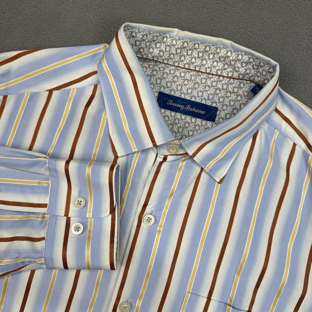 Tommy Bahama Men's M Silk Blue Tropical Short Sleeve Stripe Button Front‎ Shirt